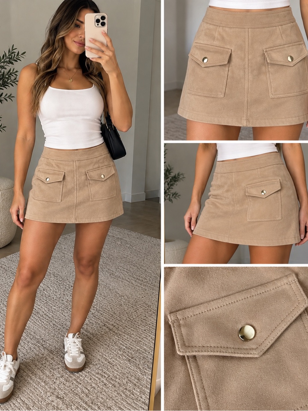 Philosophy Tan Suede-Look Mini Skirt with Front Pockets